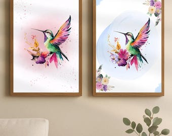 Juego de 2 láminas de colibríes en acuarela / Arte mural de aves tropicales (descarga digital)