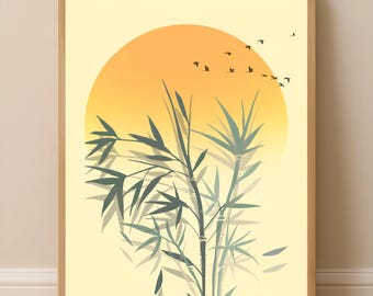 Lámina decorativa de bambú en tonos neutros, póster botánico minimalista, decoración Japandi en tonos beige, paisaje zen soleado (descarga digital).