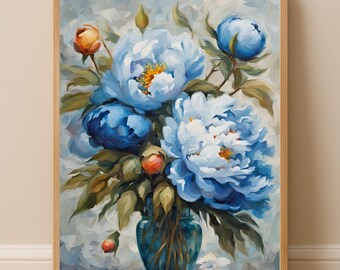 Lámina decorativa de peonía azul para imprimir, pintura de peonía, decoración botánica moderna, descarga digital.
