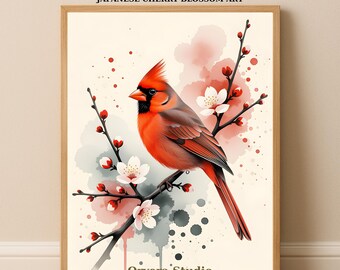 Lámina de cardenal en acuarela sobre rama de cerezo • Póster botánico de aves • Decoración de pared japonesa con flores de cerezo