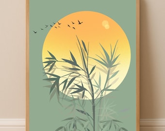 Lámina decorativa minimalista de bambú para pared, decoración de naturaleza japonesa, arte zen de paisaje solar, lámina moderna para salón.