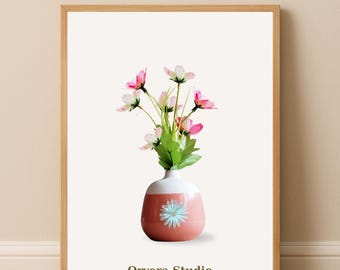 Lámina decorativa de pared con jarrón de flores rosas – Obra de arte floral en tonos pastel, decoración botánica minimalista, descarga digital.
