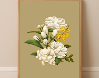 Stampa botanica vintage di gelsomino / Decorazione murale floreale / Poster botanico antico / Decorazione digitale stampabile