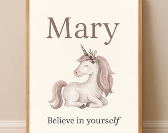 Decoración infantil personalizada de unicornio: lámina con nombre en tonos pastel y cita inspiradora (descarga digital).