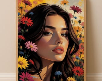 Lámina con retrato de mujer con estampado floral – Arte mural maximalista de flores silvestres (descarga digital)