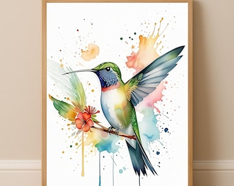 Cuadro de colibrí en acuarela para pared, ilustración de colibrí, lámina botánica de aves (descarga digital)