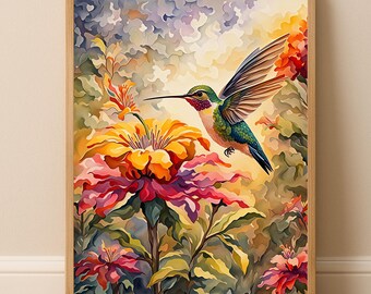 Impresión de arte mural de colibrí en acuarela: elegante pintura floral natural, póster de aves tropicales, descarga digital
