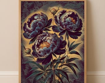 Lámina decorativa vintage de peonías para pared, póster botánico floral, decoración estilo cottagecore oscuro, descarga digital.
