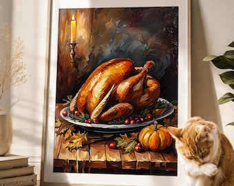 Thanksgiving Turkey Dinner Wall Art, Oil Painting Style Fall Feast Print, Kitchen Decor, Digital Download