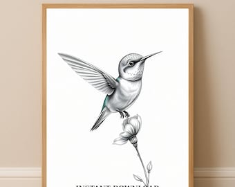 Lijnkunstdruk kolibrie | Colibri-muurkunst | Minimalistische botanische schets (directe download)
