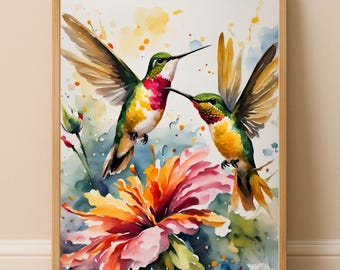 Impresión de arte mural de colibrí en acuarela: pintura floral colorida de aves, arte botánico natural, descarga instantánea
