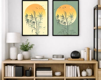 Juego de 2 láminas decorativas de bambú para pared, decoración botánica japonesa, conjunto de pósteres minimalistas en verde y beige, arte neutro para sala de estar.