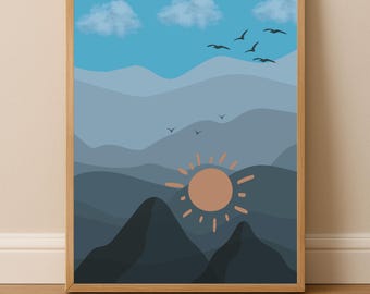 Lámina minimalista con diseño de amanecer en la montaña, póster de naturaleza escandinava (descarga digital)