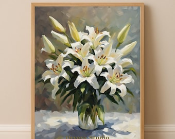 Lámina decorativa de lirios blancos para imprimir / Estilo pintura al óleo floral / Estampado botánico floral / Descarga instantánea