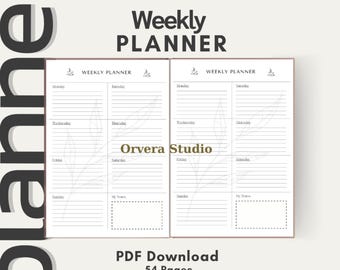 Planificador semanal minimalista imprimible de 54 páginas + portada - Organizador sin fecha (A4/Carta EE. UU.) Descargar PDF