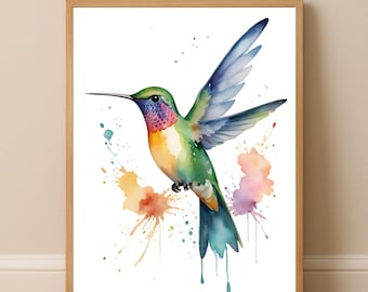 Lámina artística de colibrí en acuarela, póster de aves tropicales, decoración de pared con vibrantes motivos naturales, descarga digital.