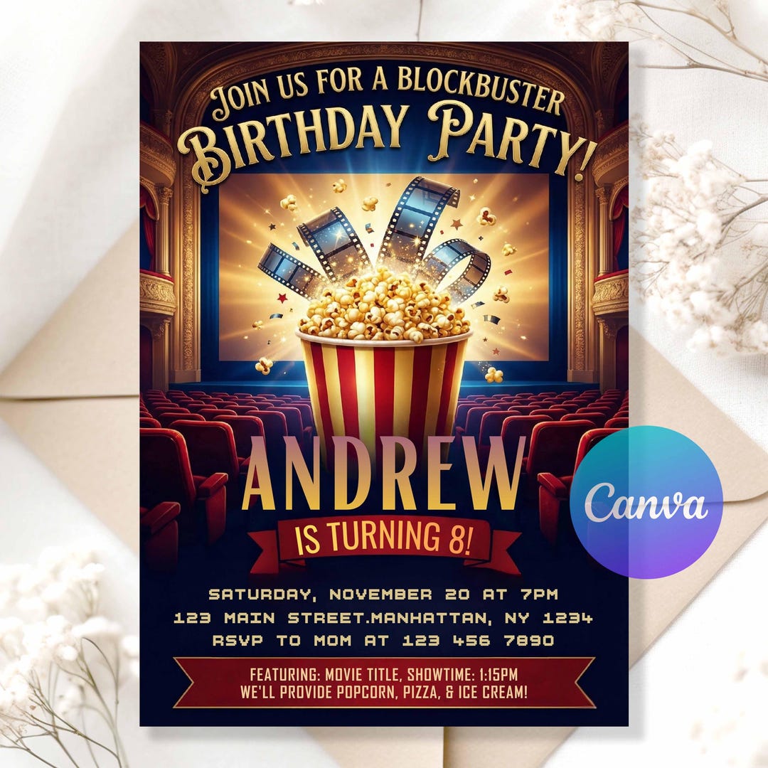 Movie Birthday Invitation – Theater Popcorn Party Digital Invite for ...