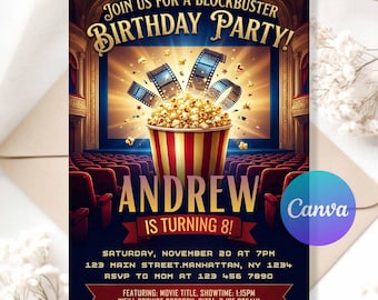 Movie Birthday Invitation – Theater Popcorn Party Digital Invite for Boys & Girls, Editable Canva Template, Printable Instant Download.