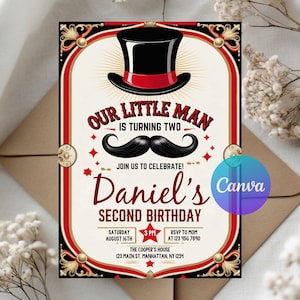 May include: A birthday invitation with a circus theme. The design features a black top hat with a red band, a large black mustache, and the text "Our Little Man is Turning Two." The invitation is for Daniel's second birthday.