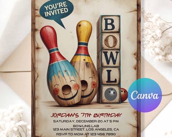 Bowling Birthday Invitation Strike Up Some Fun Boy Girl Bowling Party Pizza Teen Retro Invitation Template