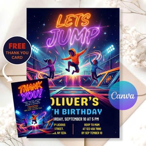 Pode incluir: Um convite de aniversário com tema neon mostrando três crianças pulando em um trampolim. O texto diz LETS JUMP, OLIVER'S BIRTHDAY, SATURDAY, SEPTEMBER 10 AT 5 PM, e inclui um cartão de agradecimento com o texto THANK YOU.