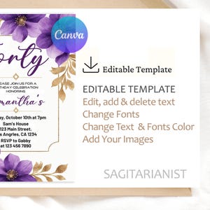 May include: A customizable birthday invitation with purple floral accents and gold decorative elements. The invitation includes the text "Forty" and "Samantha's", with details for the event. The Canva logo is visible, indicating it's an editable template.