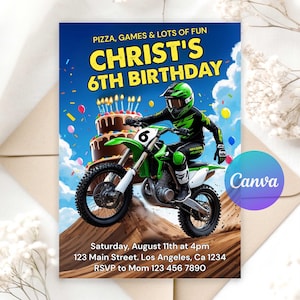 May include: A birthday invitation with a blue sky background. The invitation features a green and black motocross rider on a green and white motorcycle. Text includes "CHRIST'S 6TH BIRTHDAY" and event details. A chocolate cake with candles is also visible.