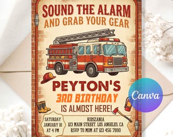 Fire Truck Birthday Invitation | Firefighter Theme Birthday | Fire Engine Party Invite Editable Printable Digital Template.