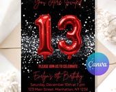 13th Birthday Invitation | Red and Black Birthday Party Invite | Red 15 Balloon Digital Evite | Editable Teen Birthday Template