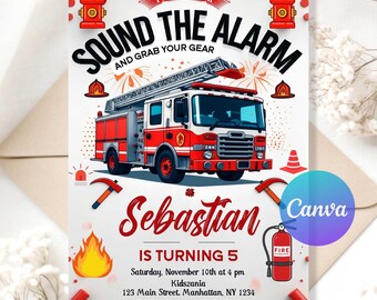 Inbjudan till brandbilsfödelsedag | Redigerbar inbjudan till brandmanstemafest för pojkar | Design för att slå larm | Utskrivbar mall | Direkt