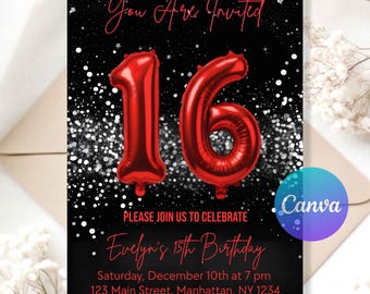 Invitación de cumpleaños número 16 / Invitación de cumpleaños roja y negra / Invitación digital con globo rojo número 15 / Plantilla editable para cumpleaños de adolescentes