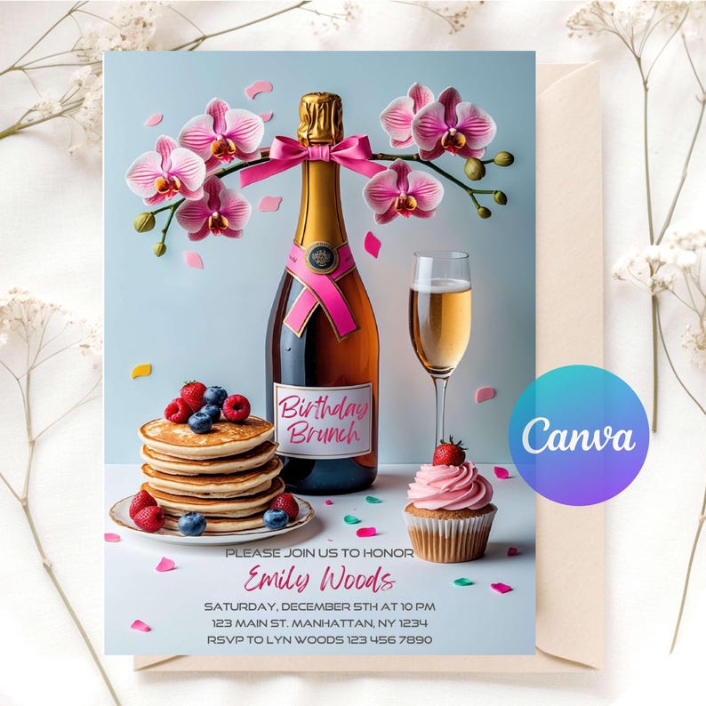 May include: A birthday brunch invitation featuring a champagne bottle with a pink ribbon and orchids. The invitation includes pancakes, a cupcake, and a glass of champagne. The text reads "Birthday Brunch" and "Emily Woods".