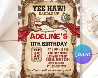 Cowboy-Geburtstagseinladung - Western Rodeo Party Digitale Einladung, "Saddle Up" Bearbeitbare Canva-Vorlage, Sofort-Download, Cowboy-Themaparty.