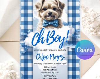 Dog “Oh Boy” Baby Shower Invitation | Editable Digital Download | Blue Gingham Puppy Theme “Oh Boy!” Invite | Printable Template | Canva