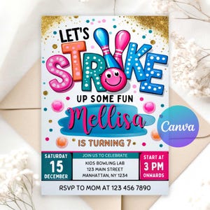 Bowling Birthday Invitation | Editable Digital Download | “Strike Up Some Fun” Party Invite | Printable Pins & Ball Theme | Instant Access
