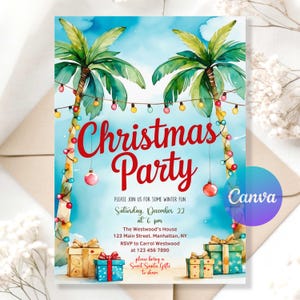 May include: A watercolour Christmas Party invitation featuring palm trees, fairy lights, and gift boxes. The invitation includes the text "Christmas Party" and event details. The Canva logo is visible.