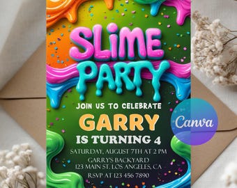 May include: A colorful Slime Party invitation with dripping slime accents in orange, pink, blue, and green. The text reads "Slime Party" and invites guests to celebrate Garry's 4th birthday. Includes event details and RSVP information.