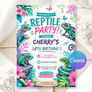 May include: A rectangular invitation card featuring colorful illustrations of lizards, a snake, butterflies, and tropical flowers. The text reads: You're invited to a reptile party! Celebrating Cherry's 8th birthday, Saturday November 20th, 3:00pm-5:00pm, 874 Donington Street, Northen Way Lane, RSVP to Mom at 123 456 7890, Come hang out with our reptile friends!