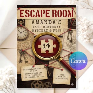 Op de afbeelding: Een uitnodigingskaart voor een escape room verjaardagsfeest met een vergrootglas over een puzzelstukje met het getal 14. Het ontwerp bevat vintage kaarten, sleutels, tandwielen en een zakhorloge op een donkere houten achtergrond met details.