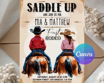 Cowboy & Cowgirl Sibling Geburtstagseinladung | Bearbeitbarer digitaler Download | Western Rodeo Gemeinsame Party einladen | Druckbare Vorlage