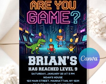 Invito di compleanno Neon Arcade – Invito digitale per festa di gioco, tema neon pixel e retrò, modello Canva modificabile, download immediato.