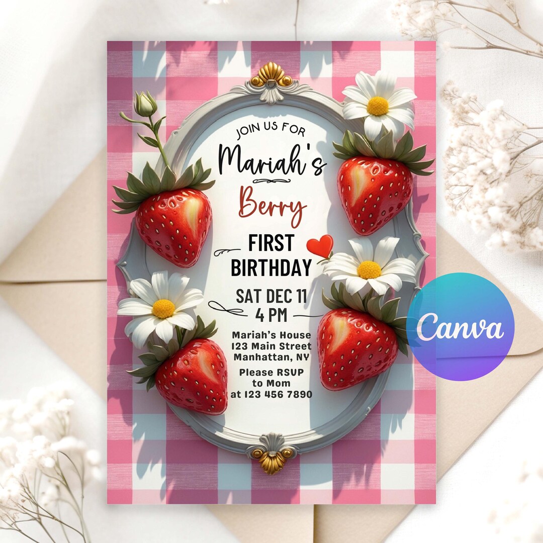 Pink Gingham Berry First Birthday Invitation | Sweet One Editable Party ...