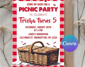 Picnic Birthday Invitation | Editable Digital Download | Gingham Summer Party Invite | Outdoor Picnic Theme | Instant Download