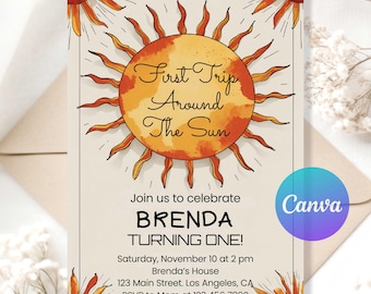 First Trip around the sun, baby girl, digital download, first birthday, birthday card, Canva, invitation templates, 1st birthday Invitation.