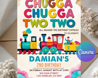 Chugga Chugga Two Two Birthday Invitation, Digital Train Party Invite, Editable Template, Instant Download, All Aboard 2nd Birthday
