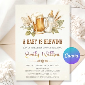 Op de afbeelding: Baby shower uitnodiging met een illustratie van een bierpul en een babyfles. De tekst luidt "A Baby is Brewing" en bevat evenementdetails en de naam "Emily Willson".