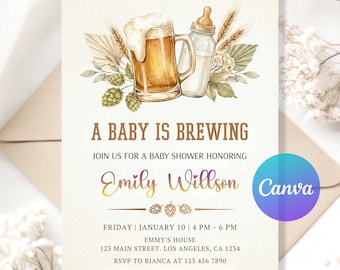 May include: Baby shower invitation with a watercolor illustration of a beer mug and a baby bottle. The text reads "A Baby is Brewing" and includes event details and the name "Emily Willson".