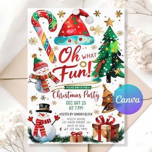 Op de afbeelding: Een feestelijke kerstfeestuitnodiging met aquarel illustraties. Het ontwerp bevat een zuurstok, een kerstmuts, een kerstboom en sneeuwmannen. Tekst bevat "Oh What Fun!" en feestdetails.