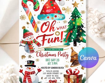 May include: A festive Christmas party invitation with watercolor illustrations. The design features a candy cane, Santa hat, Christmas tree, and snowmen. Text includes "Oh What Fun!" and party details.