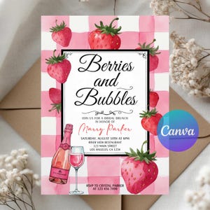 Zaproszenie na brunch dla panny młodej Berries and Bubbles | Edytowalne pobieranie cyfrowe | Motyw truskawkowo-szampanowy | Wydrukowane zaproszenie na prysznic